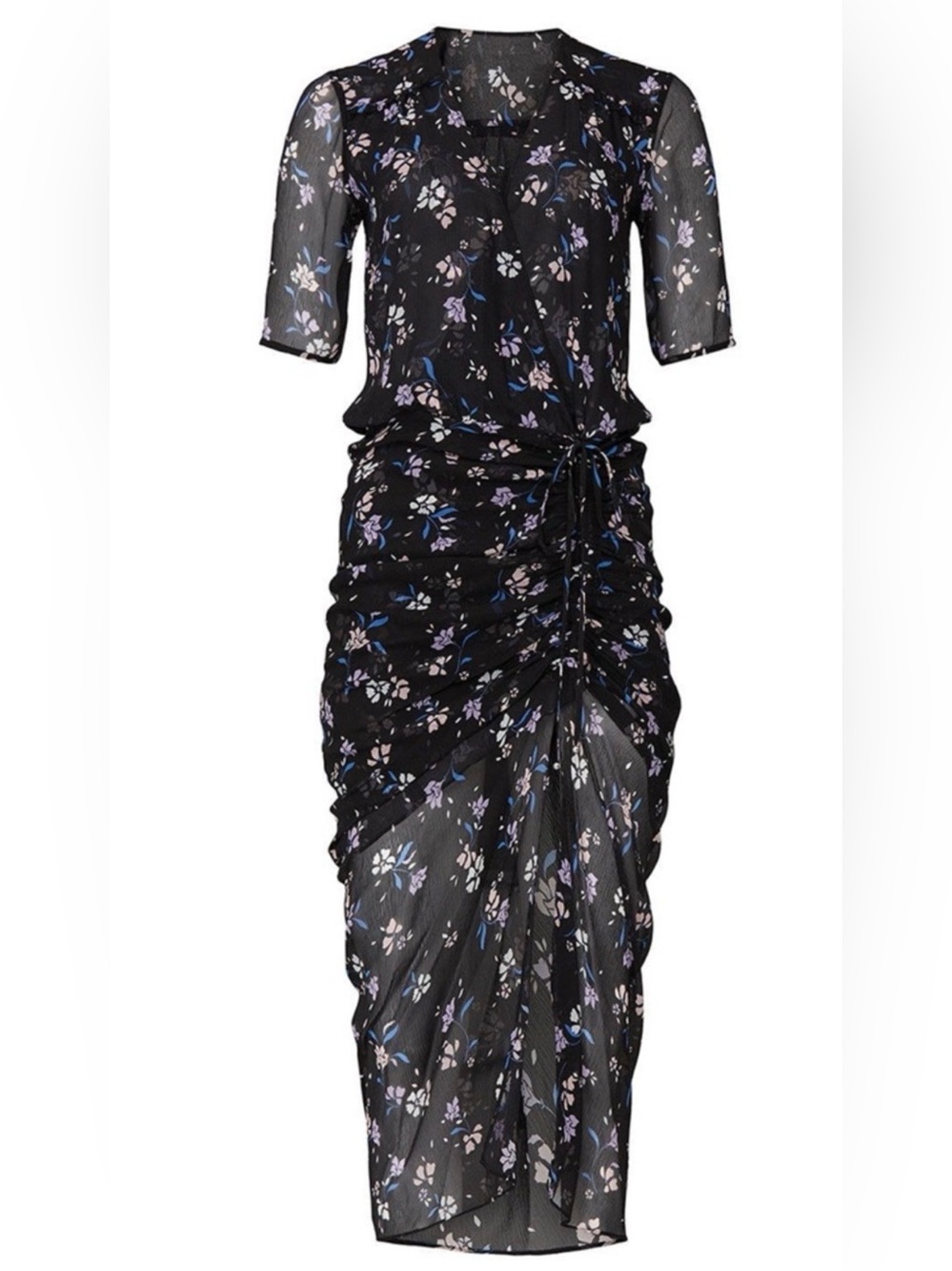 Veronica Beard Silk Mariposa Black Floral Semi Sheer Ruched Midi Dress Sz 8 - Picture 4 of 14